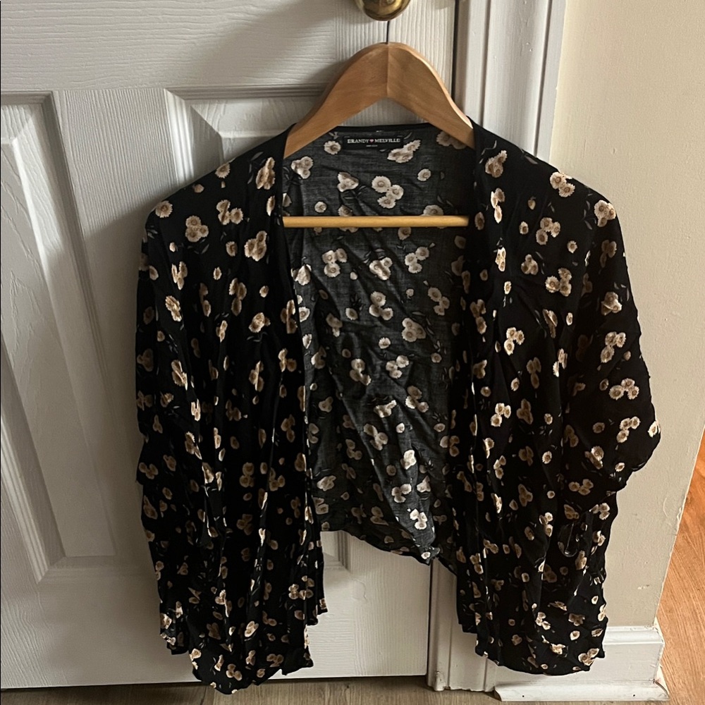 Brandy Melville Black Kimono with Cream Floral Design